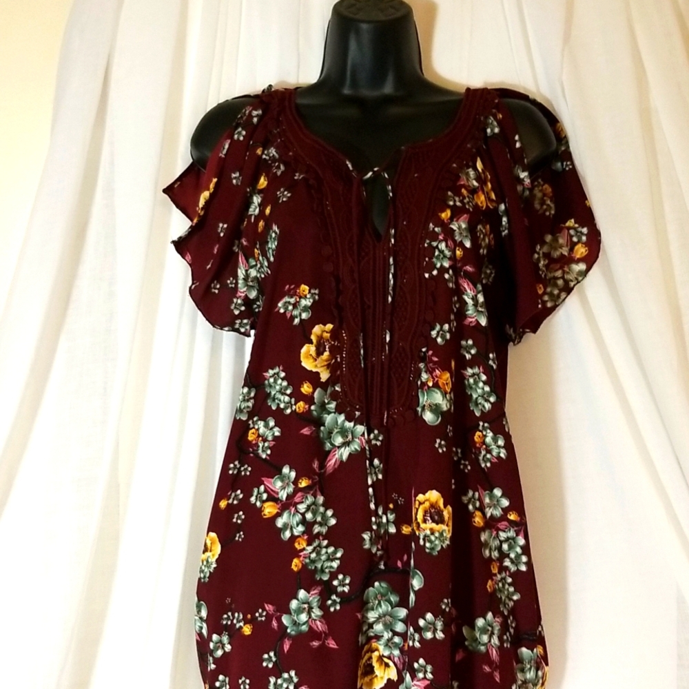 Burgundy floral drawstring top